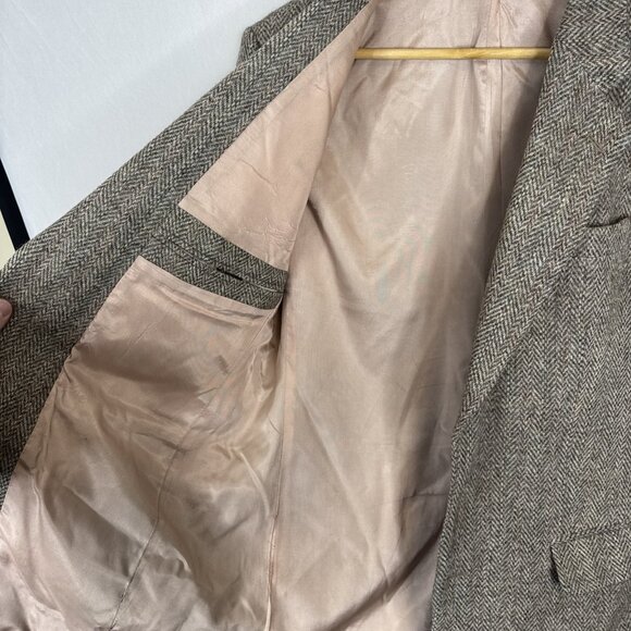 Harris Tweed Herringbone Wool Blazer Suede Elbow Patches Brown Men’s 40R - Picture 10 of 12